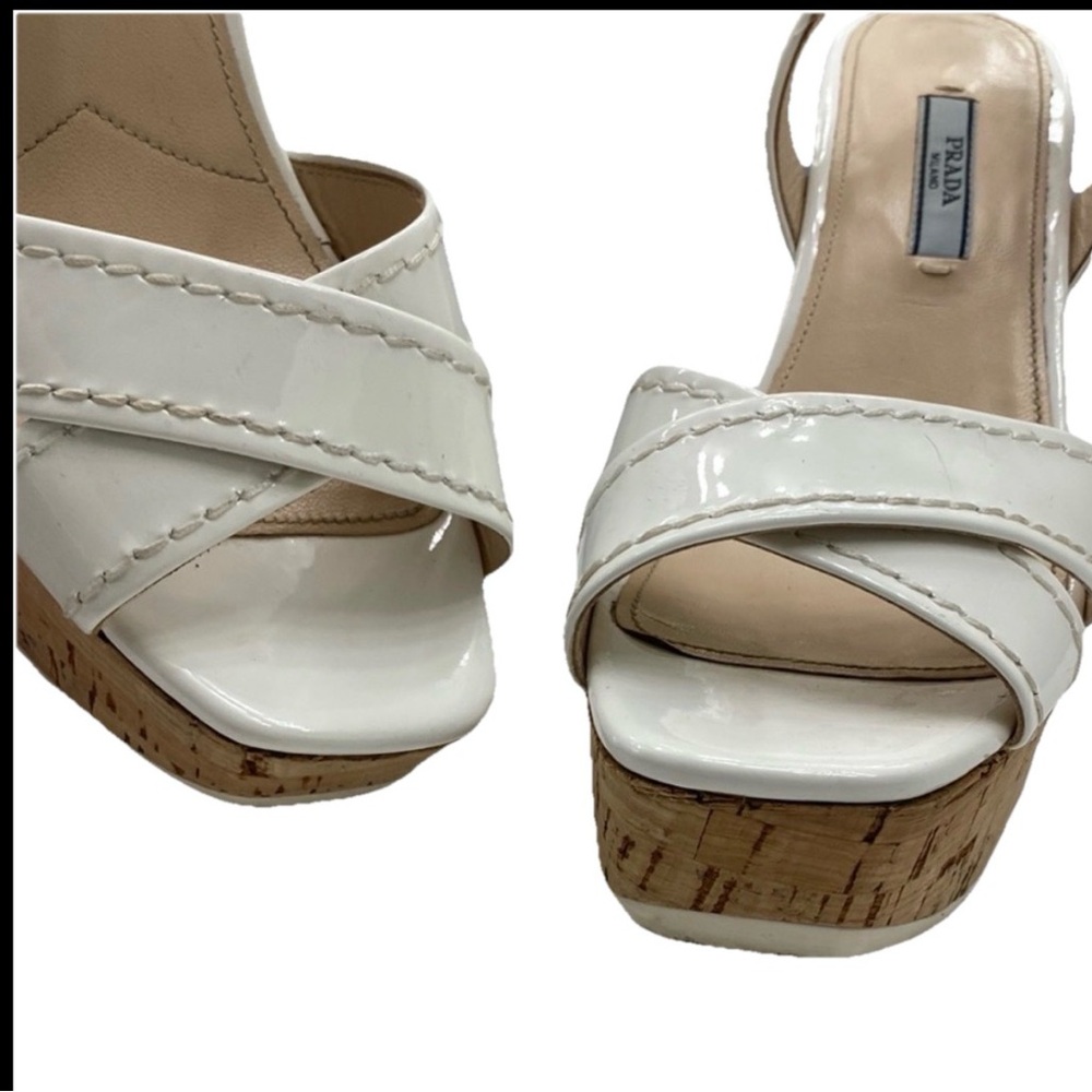 Prada White/Bianco Cork Donna Patent Leather Wedge Sandals Size 8.5